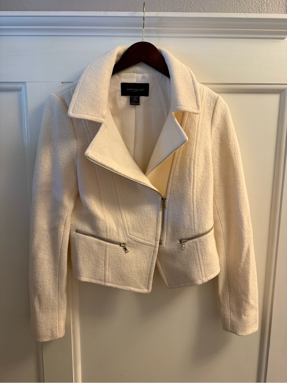 Ann Taylor Off-White Asymmetrical Zip Wool-Blend Moto Jacket